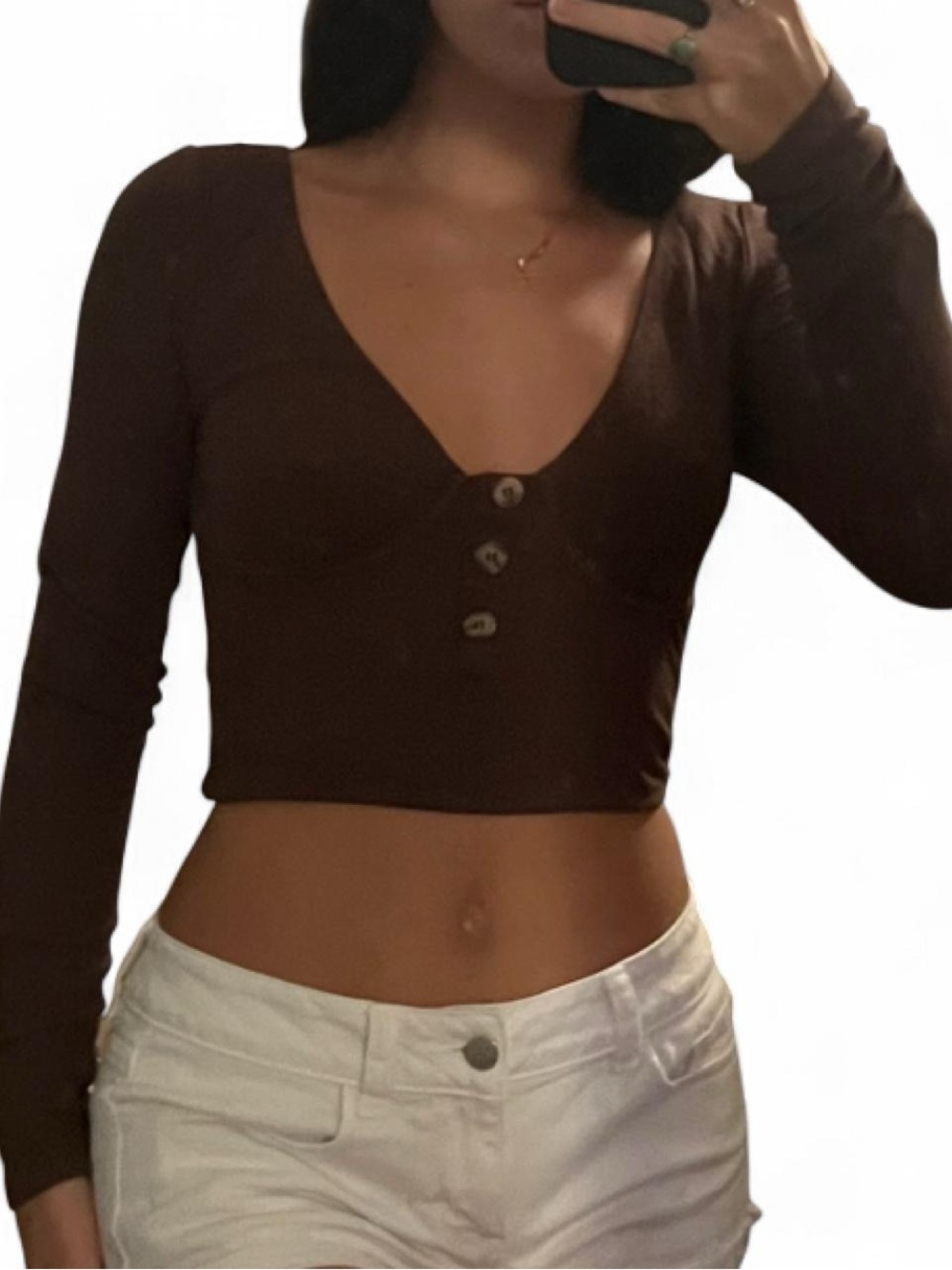 Princess Polly Brown Long-Sleeve Cropped V-Neck Top with Buttons